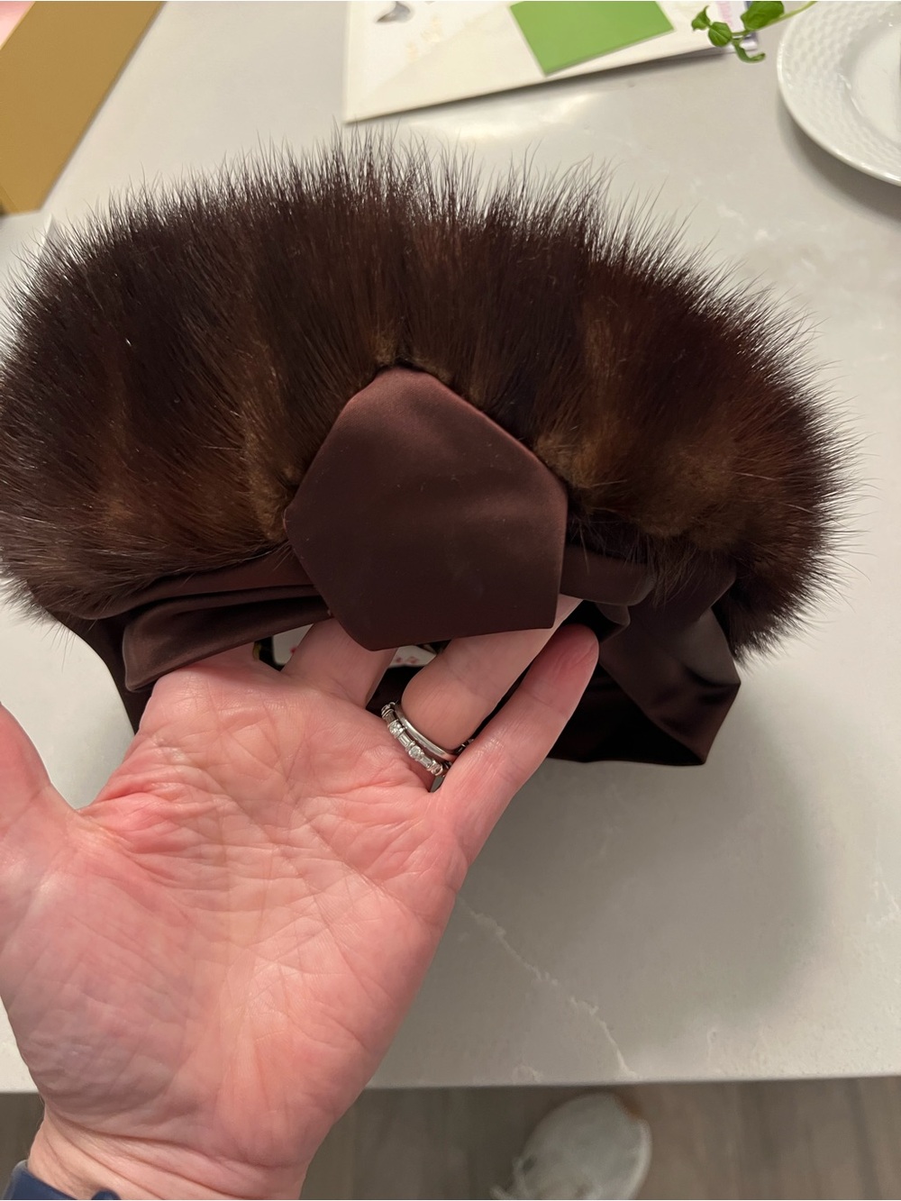 Vintage Mink Fur Pillbox Hat Brown Satin Bow Mid Century Glam